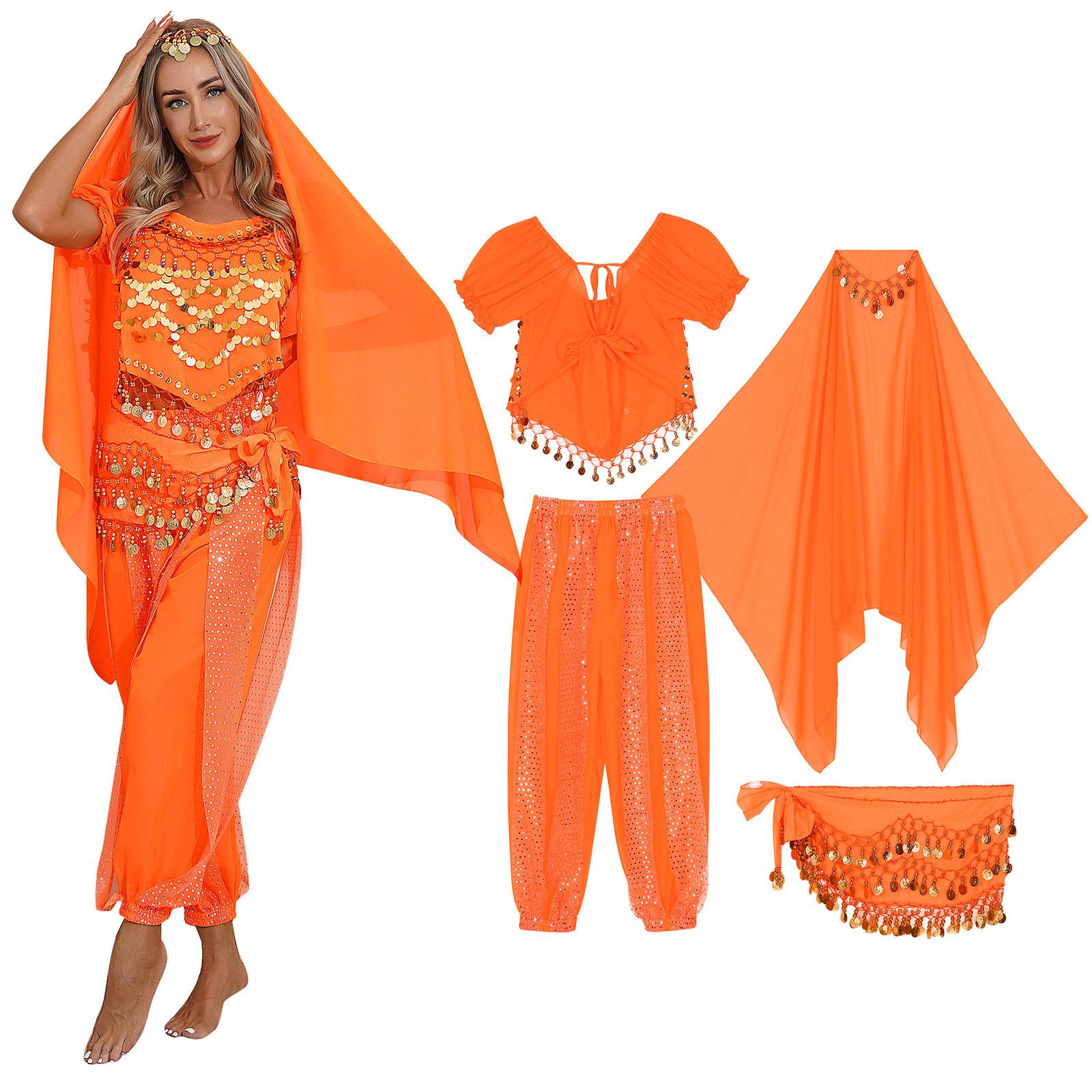 Frauen Halloween Karneval Bühnenauftritt Ägypten Bauchtanz Kostüm Bollywood Indisches Tanzkleid Chiffon Sari Set orange