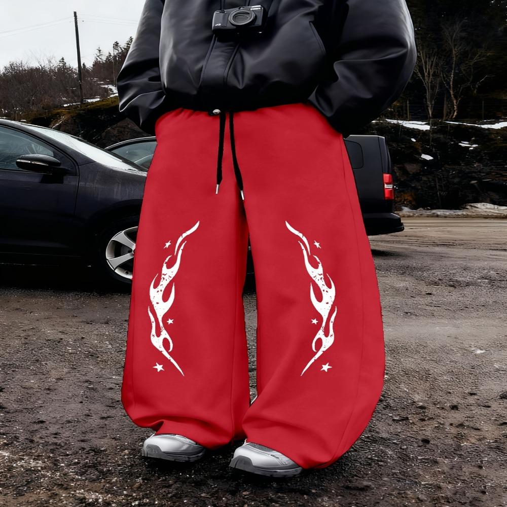 Schwarze Baggy Jogginghosen für Herren, Weites Bein Design mit weißem REVOLUTION Text Flammenstickerei, Kordelzugverschluss, Street Style XXXL