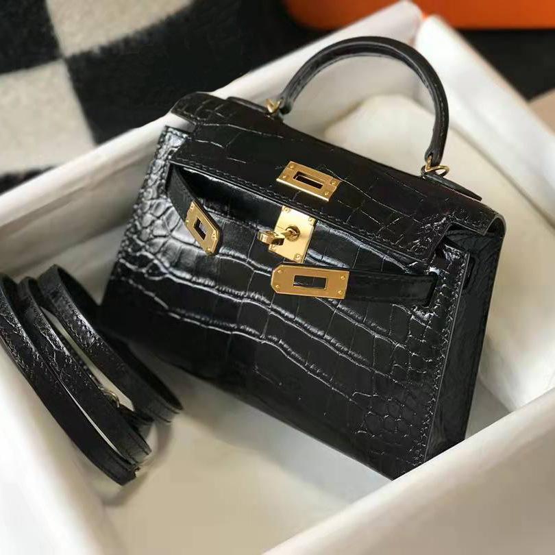Hochwertige Krokodilmuster-Mini-Kelli-Tasche, Mini Kelli zweite Generation, tragbare Schulter-Crossbody-Mini-Ledertasche für Damen 25cm schwarz