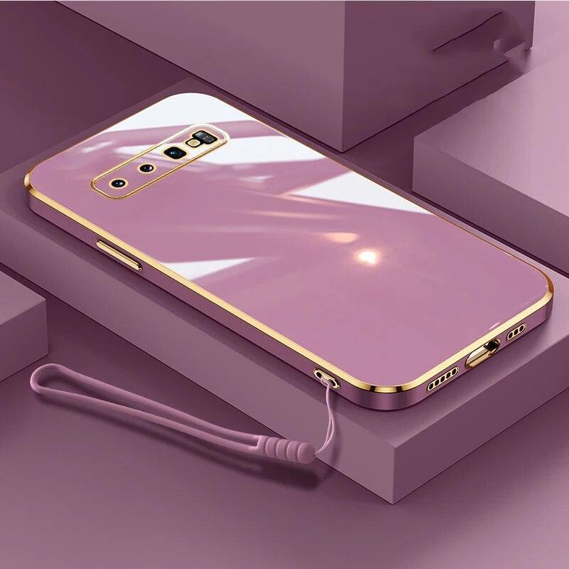 Für Samsung S10 Hülle Galaxy S10+ Luxus Square Plating Galaxy S10 Plus Handyhülle Stoßfeste weiche TPU Silikon Rückseite Fundas Galaxy S10 Plus&Case & Strap licht lila