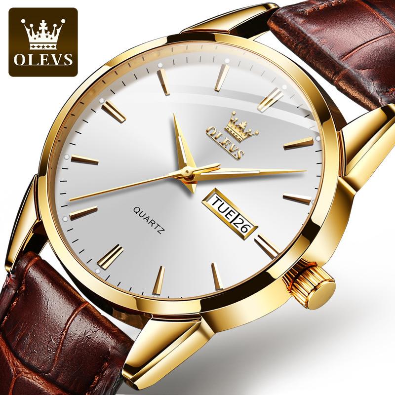 OLEVS Quarzuhren für Herren, wasserdicht, hochwertig, exquisites Echtlederarmband, Business-Armbanduhr für Herren, Kalender golden case white dial