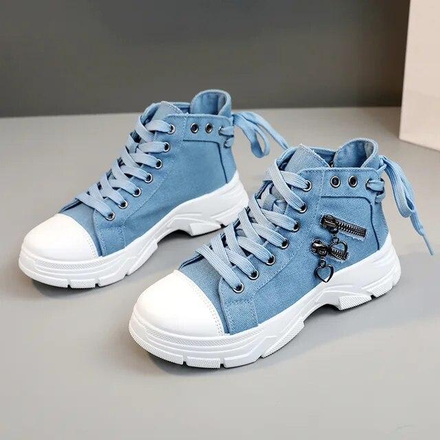 Canvas Damen Freizeitschuhe High Top Damen Sneakers Schnürschuhe Plateau Sportschuhe Damen Atmungsaktiv Mode Tennis 39 blau