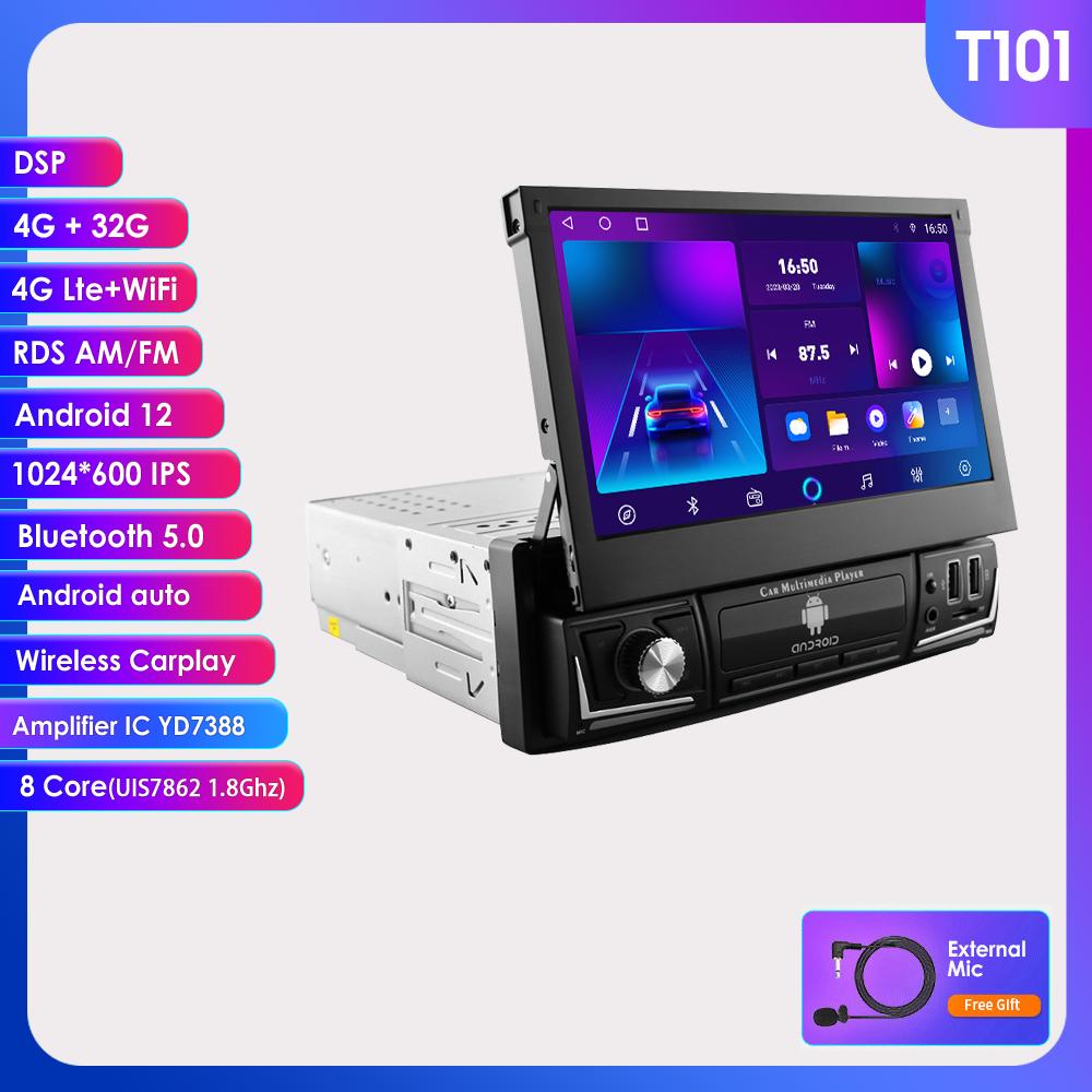 Autoradio Hizpo 7'' Single 1 Din AutoRadio CarPlay GPS Navigation Einziehbarer Bildschirm 1Din Android 12 Multimedia Player Universal Audio Video Head Unit TS01 8Core 4G+32G