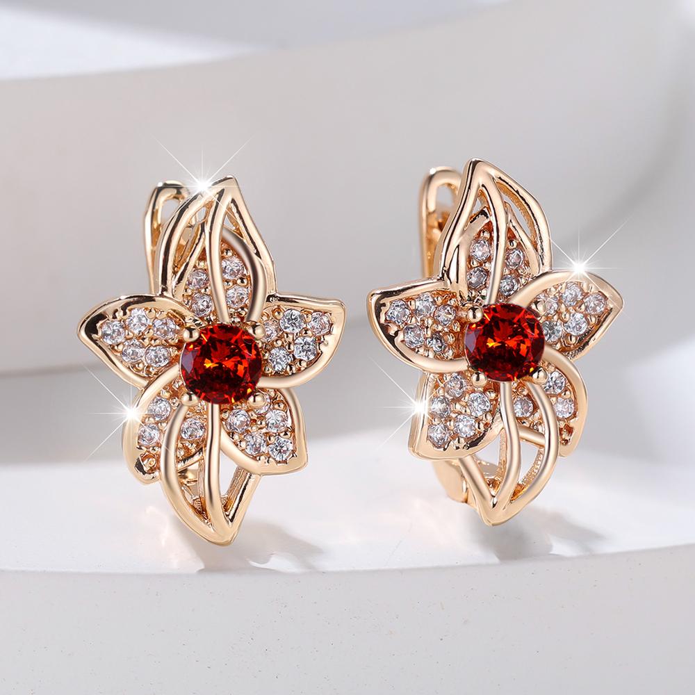 Zarte Zirkonia-Blumen-Creolen für Frauen, Luxus-Goldfarben, baumelnde Ohrringe, Modeschmuck, Geschenke gold/rot