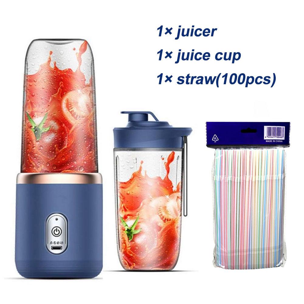 400 ml tragbare elektrische Entsafter 6 Klingen Fruchtsaftbecher USB wiederaufladbare automatische kleine Entsafter Smoothie Mixer Maschine Küchenmaschine with straws blau