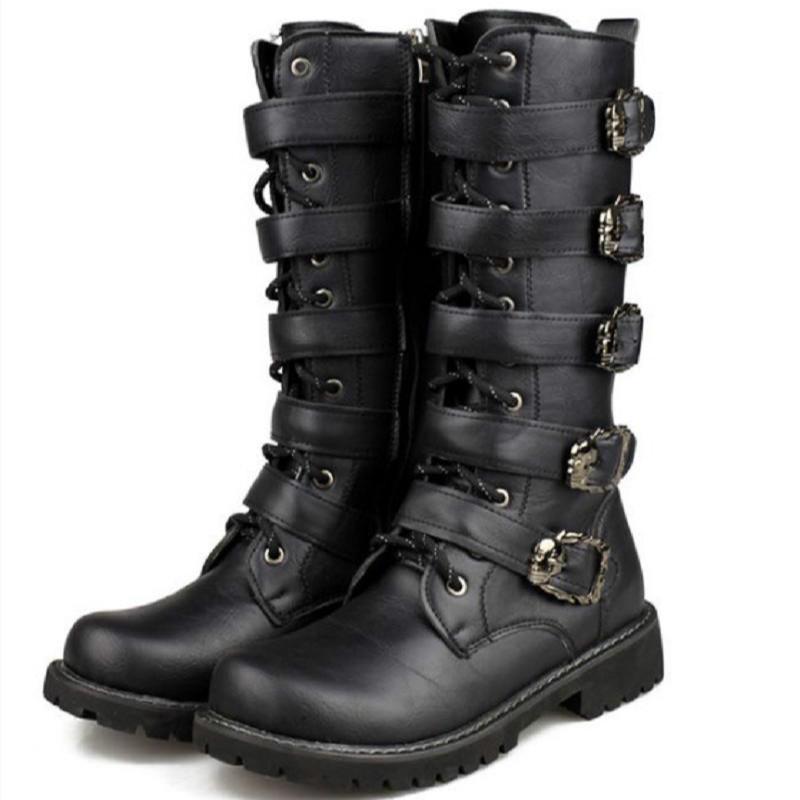 Havanaa007 Herren-Stiefel, modisch, Militär, PU-Leder, Metallschnalle, mittelhohe Motorrad-Retro-Stiefel 43 schwarz