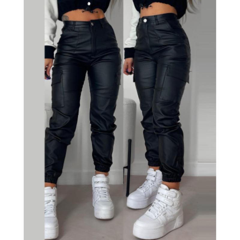 Herbst und Sommer Damen Hose Biker Reißverschluss Faltentaschen Mode PU Casual Patch Taschen Enge Hose mit kleinem Bein S schwarz