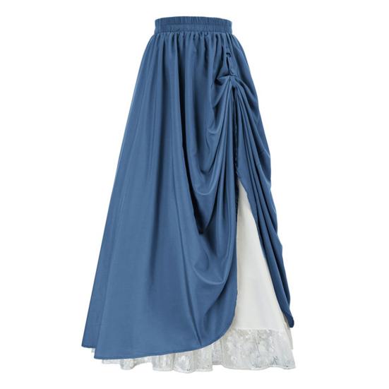 Frauen Spitze Nähte Seite Plissee Maxi Rock Einfarbig Doppel Schicht Langen Rock Elastische Hohe Taille Retro A-linie Rock L blau