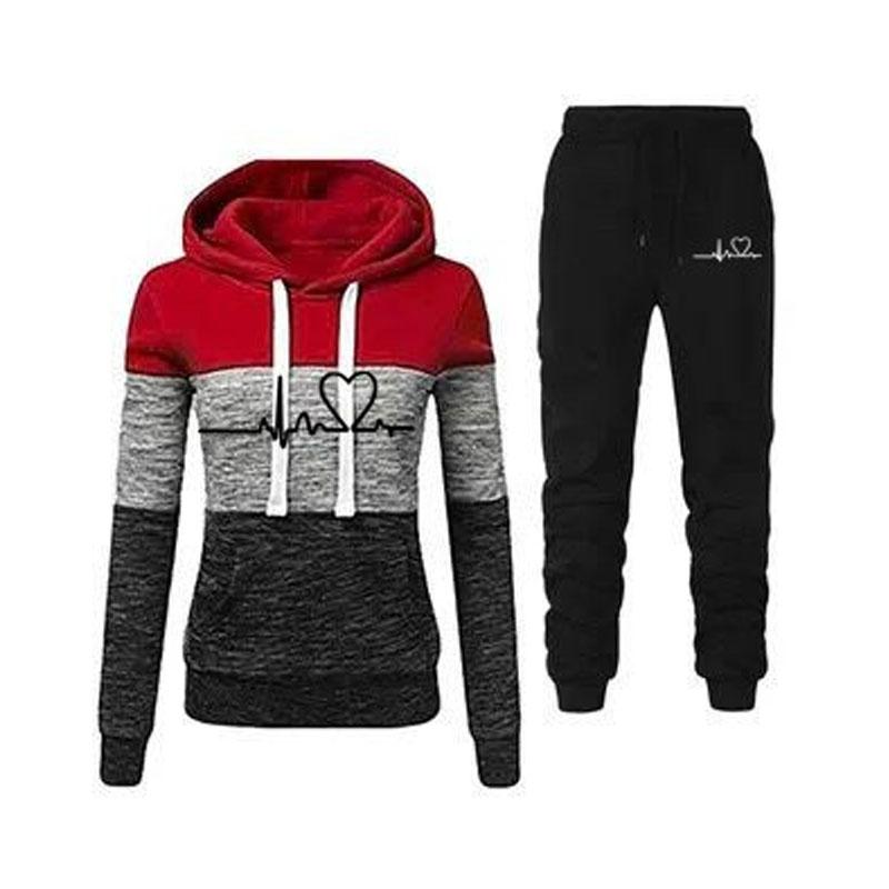 Frauen Mode Trainingsanzug Druck Hoodies Hosen 2 Stück Set Sportwear Winter Frauen Sport Anzug Kapuzen Sweatshirt Set Lose Sport mode Set XL rot