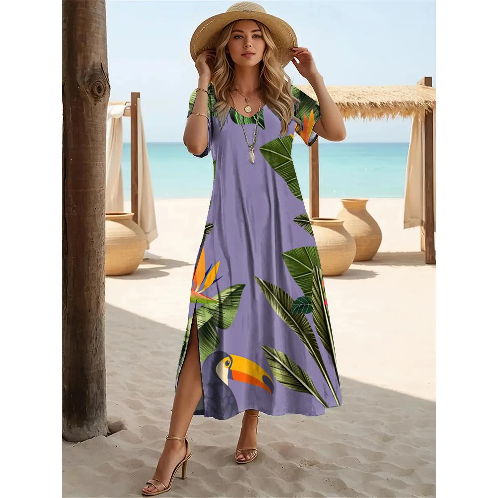 2024 Hawaiian Damenkleider Coconut Tree Print Midikleider Urlaub Weibliches Kurzarmkleid Mode Sommer V-Ausschnitt Design 5XL gray