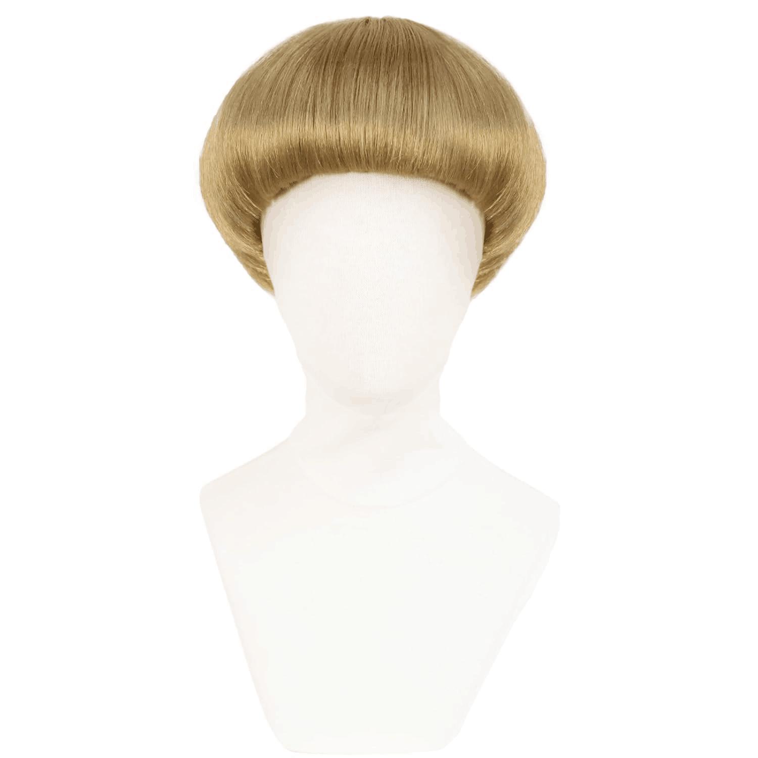 Kurzer blonder Bob synthetische Perücke mit Pony Pilzperücken für Männer Frauen Schüsselhaarschnitt Perücken Männer Blond Bob für Cosplay Lustige Perücke beige
