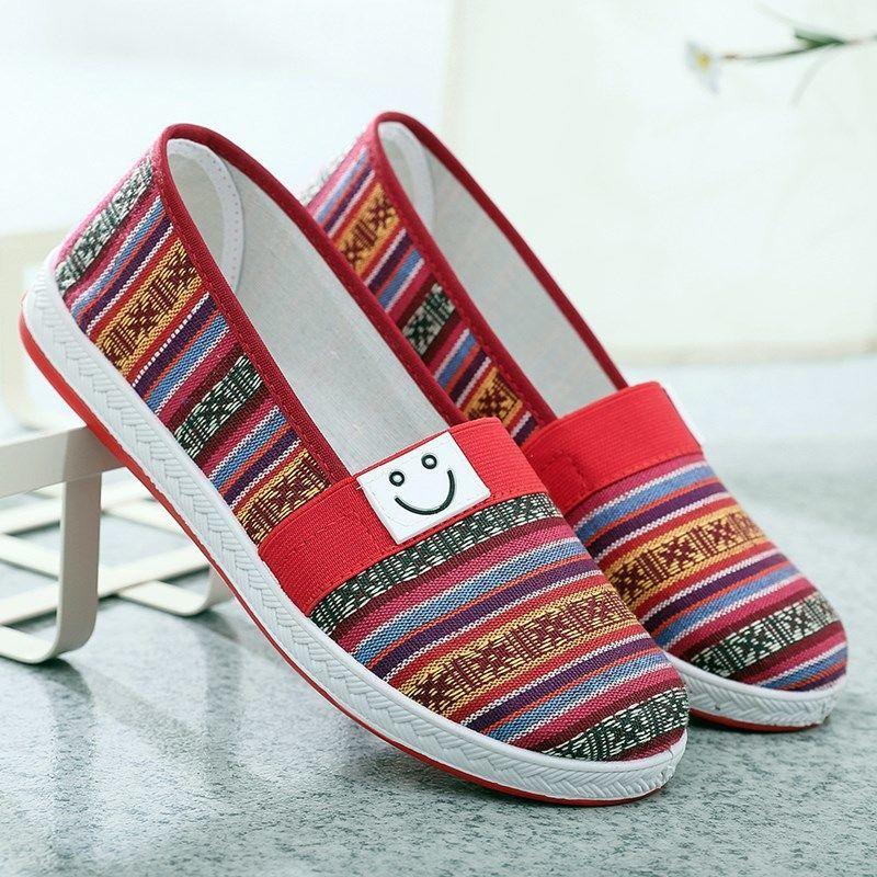 Damen Canvas Schuhe Frühling Sommer Atmungsaktive Damen Mädchen Schuhe Slip-on Flats Loafers Damen Freizeitschuhe Streifen Mama Schuhe Zapatos Mujer 40