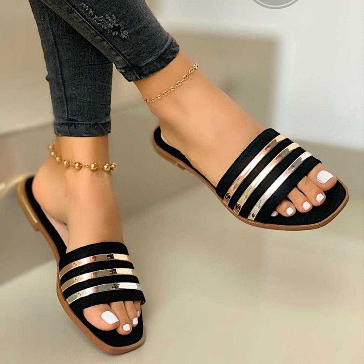 Sommer Strand Flache Sandalen Frauen Mode Bequeme Hausschuhe Sommer Faul Outdoor Sexy Fußkettchen Goldene Keil Sandalen Damen 35 schwarz