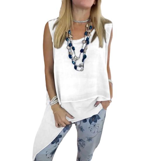 2-teiliges Lounge-Set für Damen, ärmellos, Tanktop mit asymmetrischem Saum, Blumendruck, Jogginghosen-Set, lässiges, lockeres Outfit für Frühling und Sommer M weiß