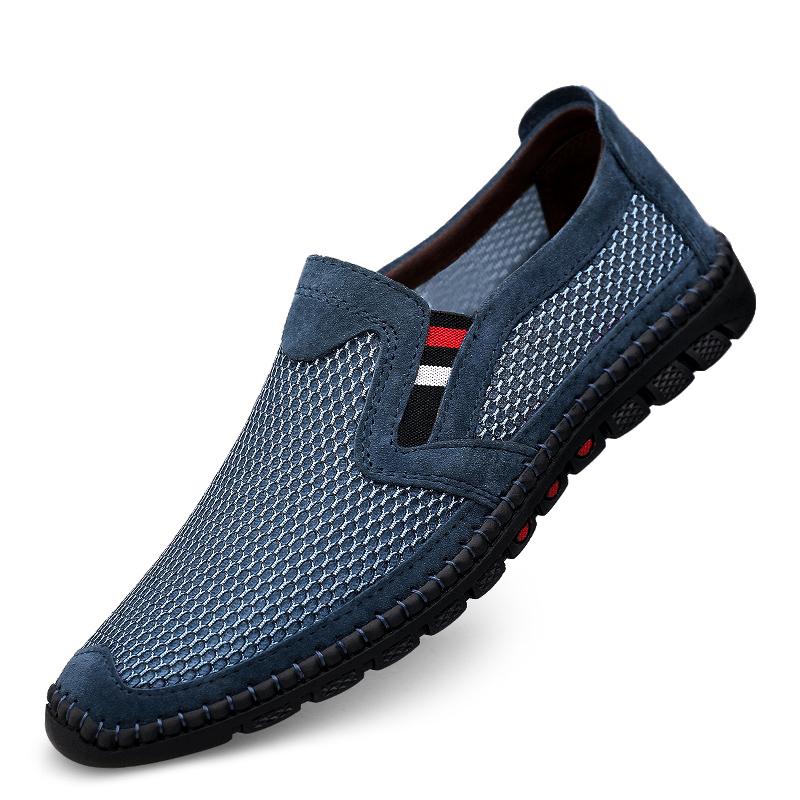 Sommerschuhe aus echtem Leder für Herren aus Mesh, atmungsaktiv, weich, für Herren, zum Gehen, lässig, hochwertiges leichtes Netz 41 blau