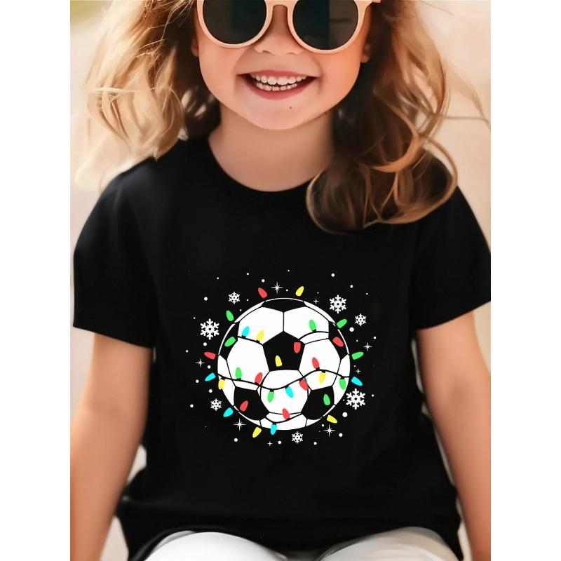 Europäische Größen Mädchen Fußball Grafik-T-Shirt - Weiches & Atmungsaktives Rundhals-Kurzarm-Oberteil mit Fußball-Design, Perfekt für Outdoor-Aktivitäten 98cm schwarz