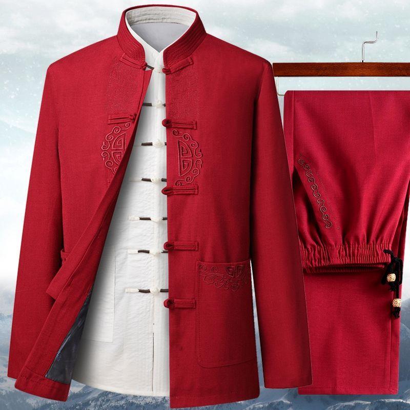 Chinesische traditionelle Männer Tang Anzug Tops Hosen Hanfu Oriental Stickerei Kleidung Sets Casual Kung Fu Tai Chi Uniform 175 red