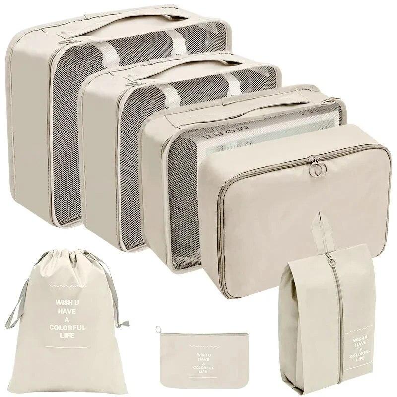 Reise-Organizer-Set, 7 Farben, Aufbewahrungstaschen, Koffer, Verpackungswürfel-Set, Koffer, tragbares Gepäck, Kleidung, Schuh-Ordnungsbeutel, zusammenklappbar 7pcs beige