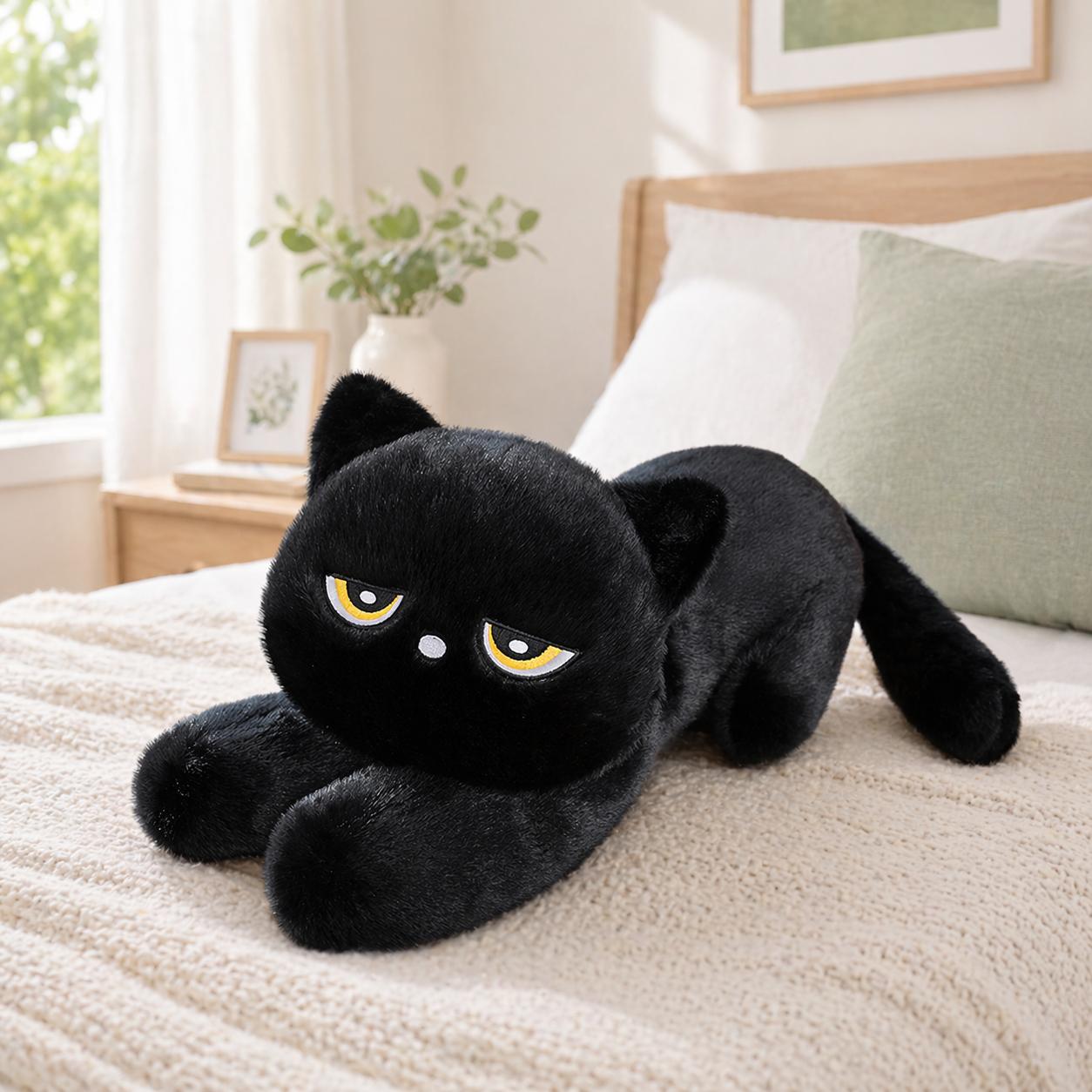 Neues Süßes Schwarzes Katzen Plüschkissen Weiches Gefülltes Liegendes Katzenkissen Niedliches Schlafendes Katzen Design Kawaii Geburtstagsgeschenk 60cm 90cm 60cm
