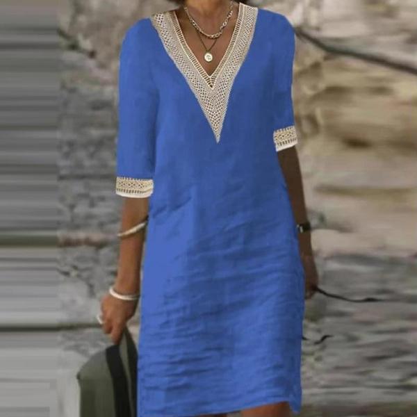 Damen Baumwolle Leinen Spitze Ausschnitt Manschette V-Ausschnitt Kleid Mode Einfarbig Aushöhlen Mini Kleid Damen Freizeit Halbarm Kleid XXXXL blau
