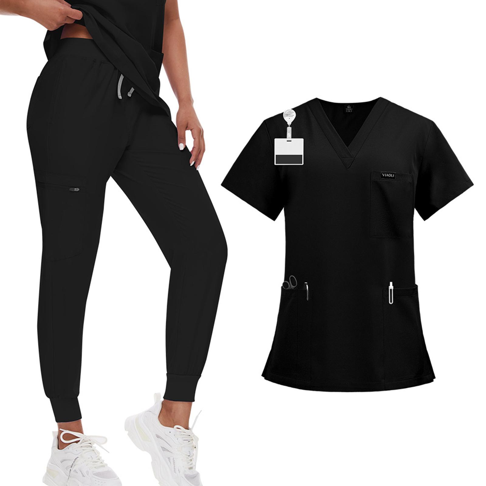 Damen Zwei-Teiler Kasack-Set mit V-Ausschnitt Kurzarm-Oberteil und Jogginghose für Medizinische Uniformen Gesundheitswesen Arbeitskleidung XXL schwarz