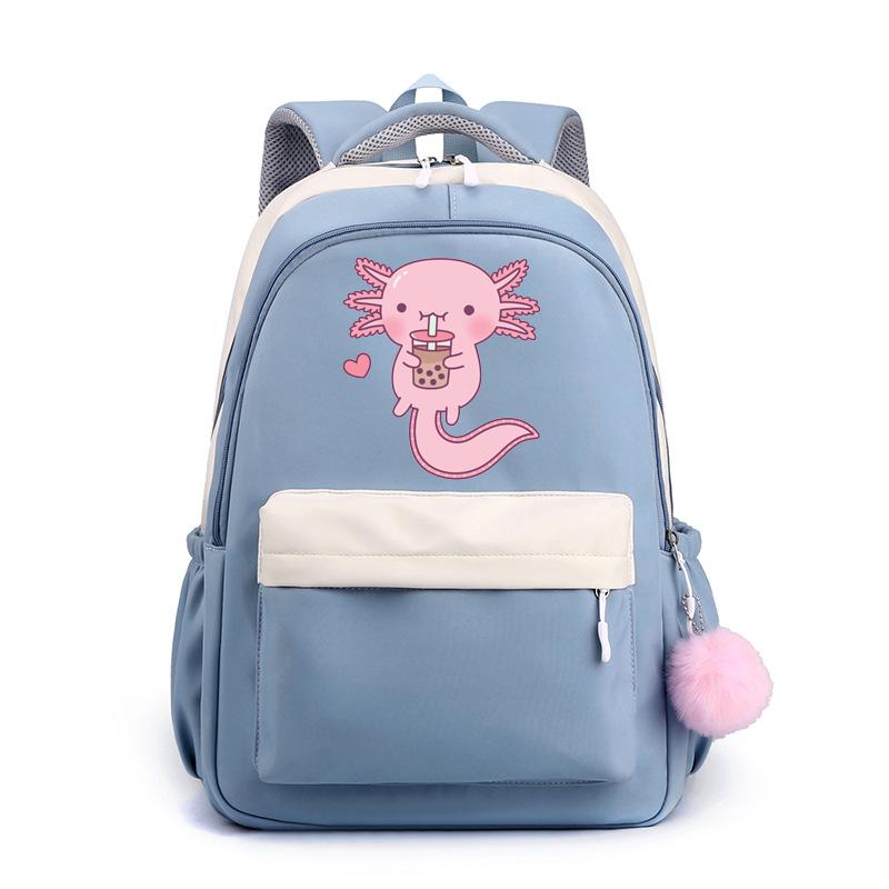 Niedliche Kawaii Axolotl Rucksäcke für Männer und Frauen Axolotl Schultasche niedlicher Cartoon Reißverschluss Rucksack große Kapazität Schultasche blau