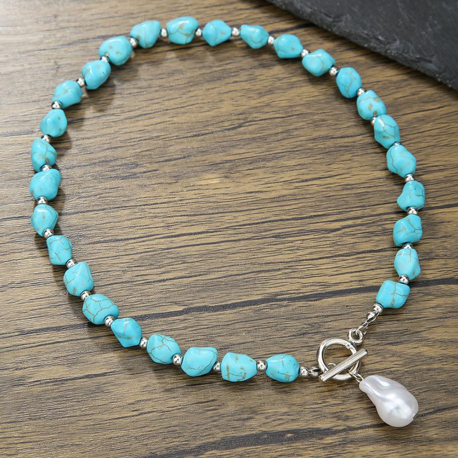 Mehrere Stile verfügbar Halskette für Frauen Naturtürkis Perlen Schmuck Nischengefühl Doppelter Tropfenanhänger Türkis Wunderschöne Elegante Halskette
