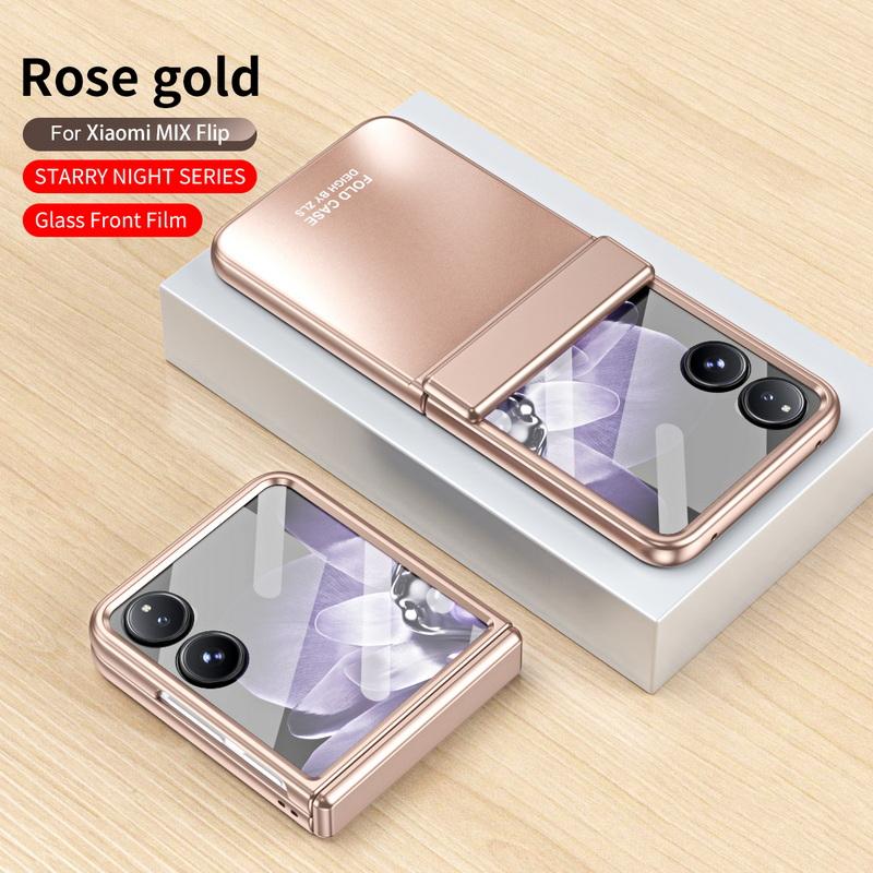 Luxuriöse, einfarbige Klapphülle mit gehärtetem Glas, 3-teilig, für Xiaomi Mix, Flip, stoßfeste, klare, harte PC-Hülle für schlanke Telefone Xiaomi Mix Flip(with Film) rose gold