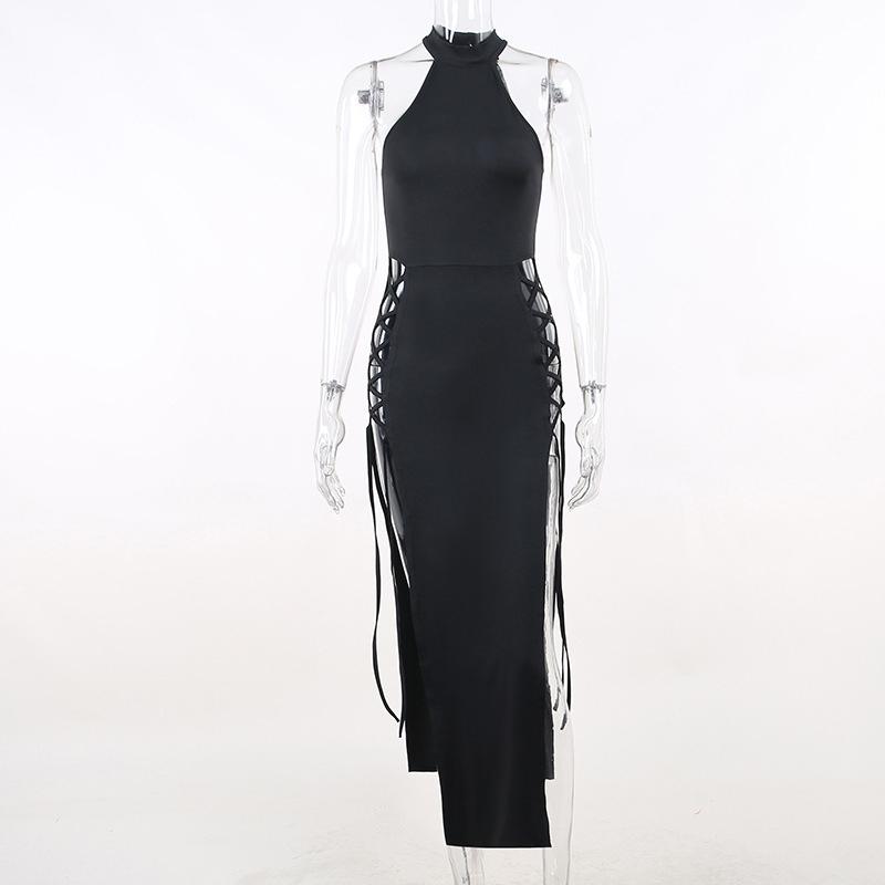 Goth Dark Cosplay Hoher Schlitz Sexy Bandage Damenkleider Y2K Mall Gothic Neckholder Slim Midi Kleid Schwarz Grunge Stil Alt Partykleidung L schwarz