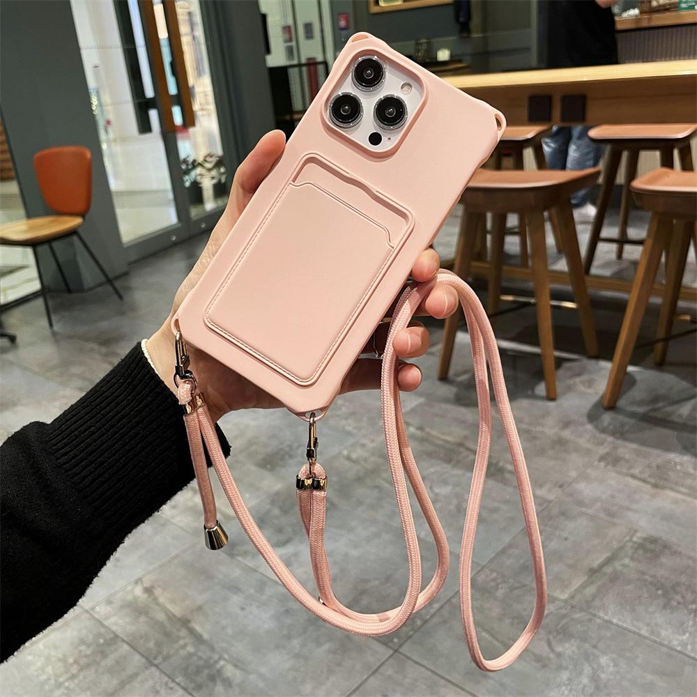 Crossbody Wallet Card Slot Flüssigsilikonhülle für iPhone 15 14 13 12 11 Pro Max 15 14 Plus XS Max XR X 6 6s 7 8 Plus Lanyard Rope Soft Cover iPhone XS MAX rosa
