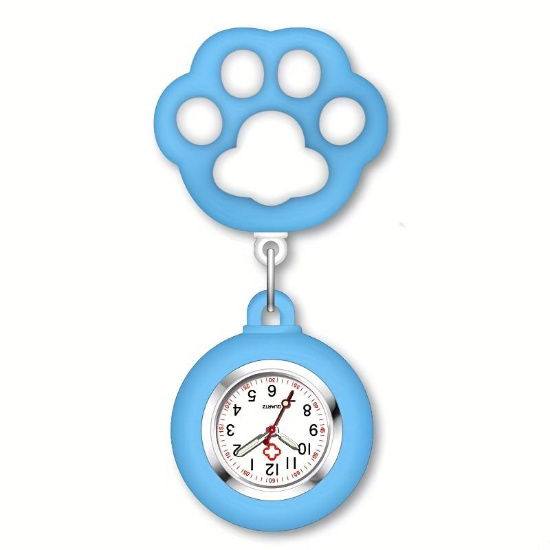Niedliche Krankenschwester-Uhr mit Katzenpfoten-Brosche und Clip, einziehbare Teleskop-Taschenuhr für Krankenschwester, Arzt, Rettungssanitäter blau