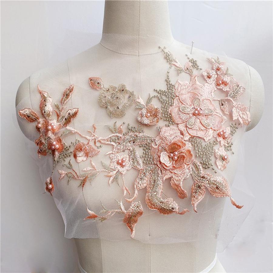 1 Stück 3D Blumen Perlenstickerei Aufnäher für Hochzeitskleid Kleidung Aufnäher zum Aufnähen DIY Florale Spitzenstoffe Applikation orange
