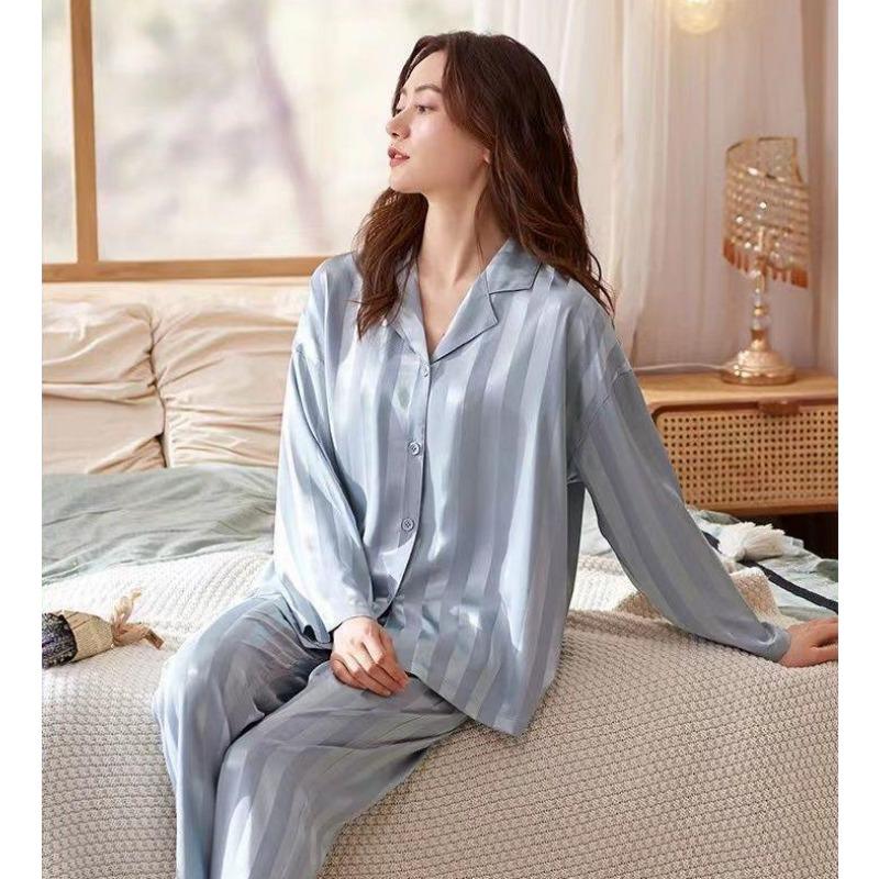 Damen-Pyjama-Set mit Streifen, einfarbig, französischer Seidensatin-Pyjama, zweiteiliges Set, bequemer Pyjama für zu Hause XXL blau