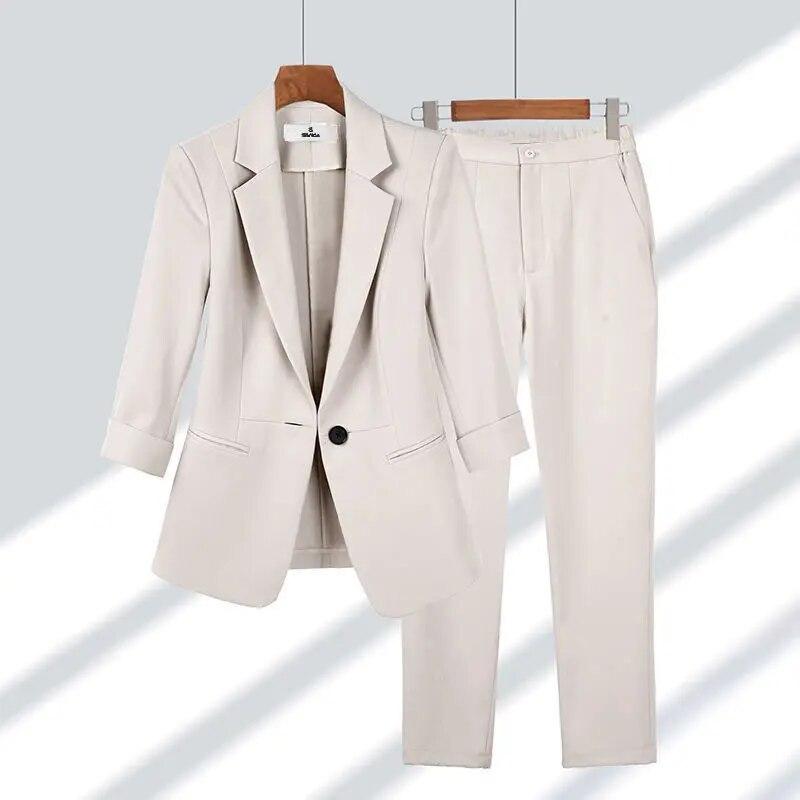 Sommer Damen Dünne Jacke Anzug Mantel Lässige Hose mit weitem Bein Zweiteiliger Büroanzug Business-Anzug L beige