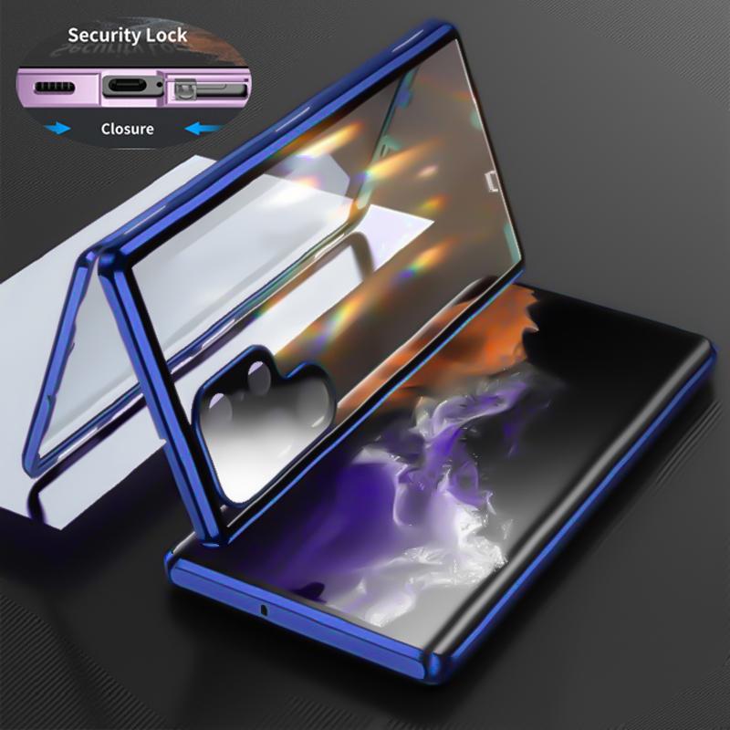 360-Grad-Vollschutz, magnetische doppelseitige Glashülle aus Metall für Samsung Galaxy S25 S24 S23 FE S22 Ultra S21 Plus, Objektivschutz, Schnappverschluss For Samsung S23 FE blau