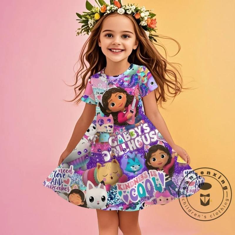 3D-gedrucktes Mode-Cartoon-Muster Niedliches Kurzarmkleid Cosplay Jugend Mädchen Kleidung Gabbys Puppenhaus Meer Kleidung Süß 100