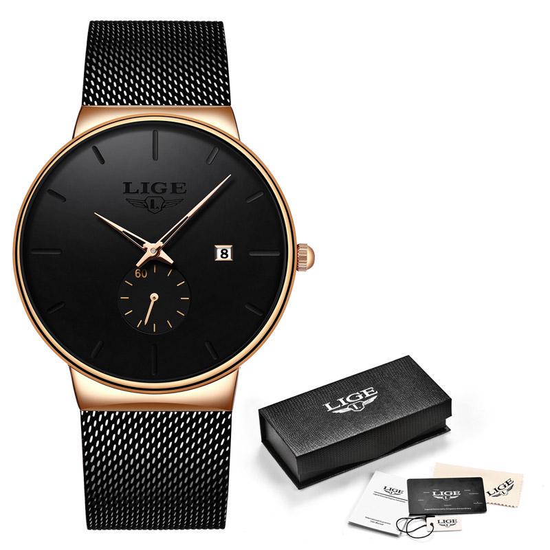 LIGEWatches Lässige wasserdichte Quarzuhr Herrenuhren Top-Marke Luxus ultradünne Sportuhr gold/schwarz