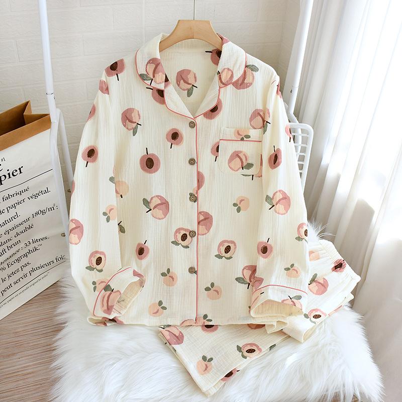 Pyjama mit Pfirsichblüten-Print, Frühling und Herbst, neues süßes und niedliches Heimkleidungsset, Baumwoll-Revers-Pyjama, lockerer Heimkleidungs-Pyjama XL weiß