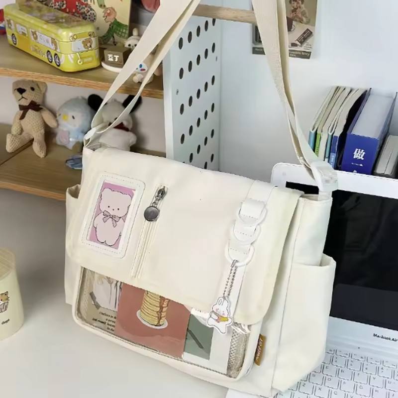 Y2K Japanische Harajuku Schultaschen für Teenager-Mädchen Transparent Itabag Umhängetasche DIY Abzeichen Displayplatte Ita-Tasche Only Bag NO Toys weiß