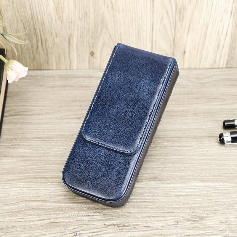 Handgefertigtes Stiftetui aus echtem Leder, mehrfarbig, 3 Fächer, luxuriöse Marken-Stiftbox, abnehmbare Stiftablage, schützende Stifttasche blau