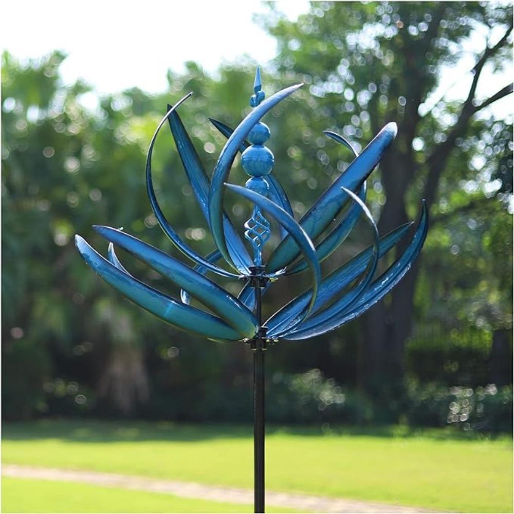 Extra große Windräder für draußen – Windskulpturen aus Metall für draußen mit Pfahl, Windmühlen für den Garten im Hof, Hofkunst, Garten-Rasendekoration blau