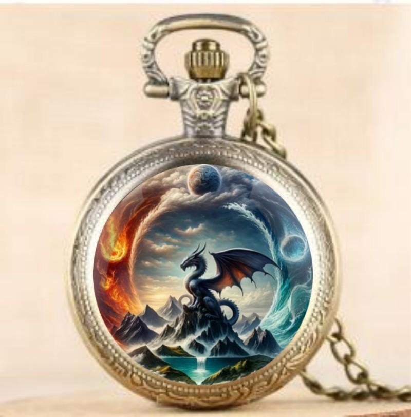 Antike, einzigartige, mehrfarbige Drachen-Taschenuhr mit Anhänger, Quarz-Design, exquisite und stilvolle Uhr für Männer und Kinder bronze