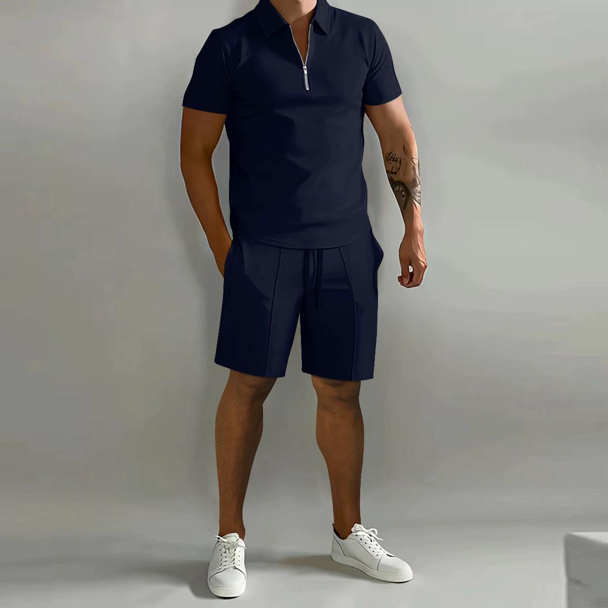 Frühling und Sommer Herren Sets Revers Kurzarm Polohemd Sporthose 2-teilige Anzüge für Herren M navy blau