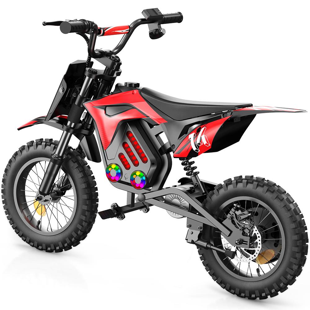 A14 Kinder ELEKTRISCHES DIRT BIKE 14 Zoll 500W Motor 36V5.2Ah Batterie 20-22km Reichweite Stoßdämpfung, Bluetooth LED-Leuchten rot