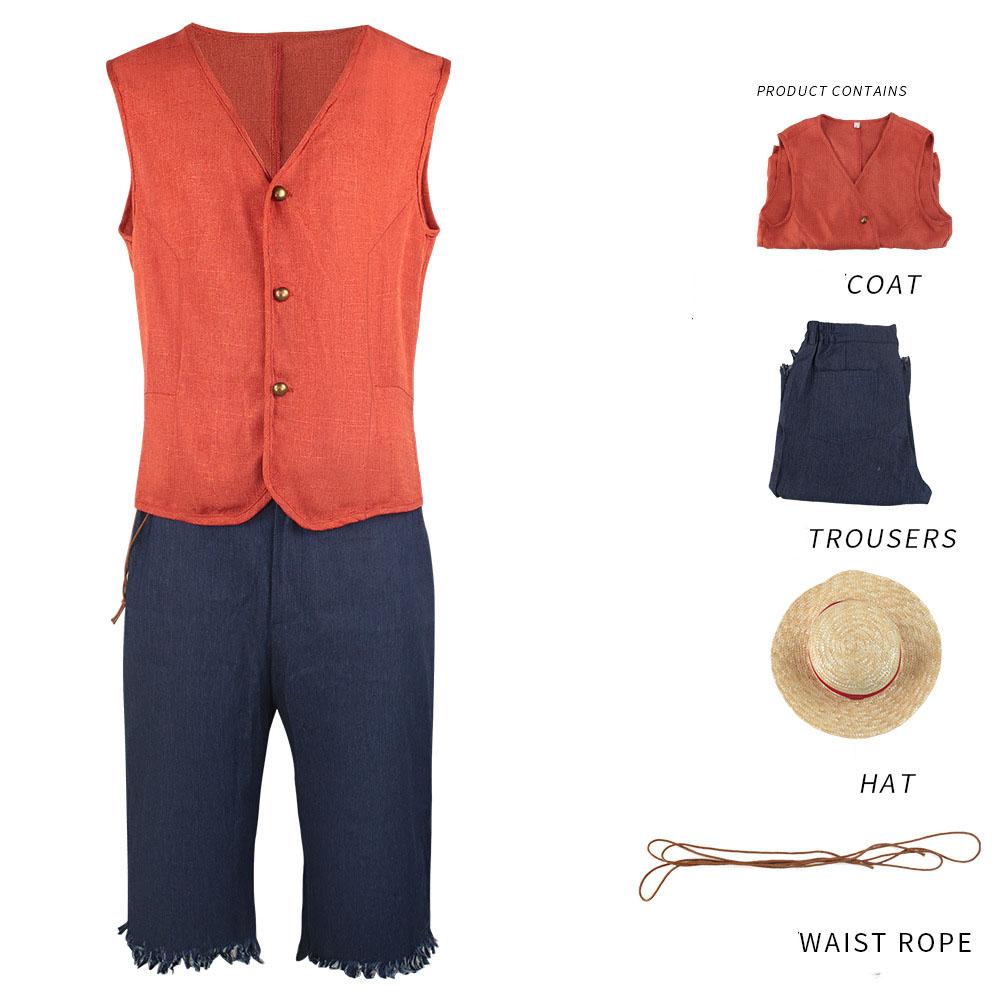 Luffy Cosplay Anime Film Monkey D. Luffy Kostüm Uniform Strohhut Hose Rot Top Komplettset Halloween Karneval Party für Männer Frauen S