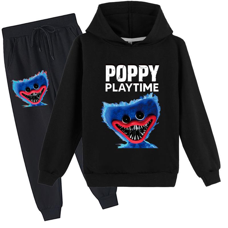 3D-Hoodie-Set für Kinder Huggy Wuggy Pullover-Trainingsanzug Poppy Playtime Kinderpullover + Hose 130cm schwarz