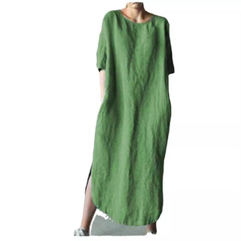 Sommerkleid für Damen in Übergröße, Rundhalsausschnitt, halbe Ärmel, einfarbig, seitlicher Schlitz, wadenlange Kleider L grün