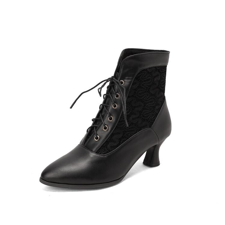 Modische viktorianische Stiefeletten für Damen, Lederschuhe mit Spitzenabsatz für Damen, modische Schnürstiefeletten mit gespleißten High Heels für Damen, Stiefeletten 46 45 schwarz