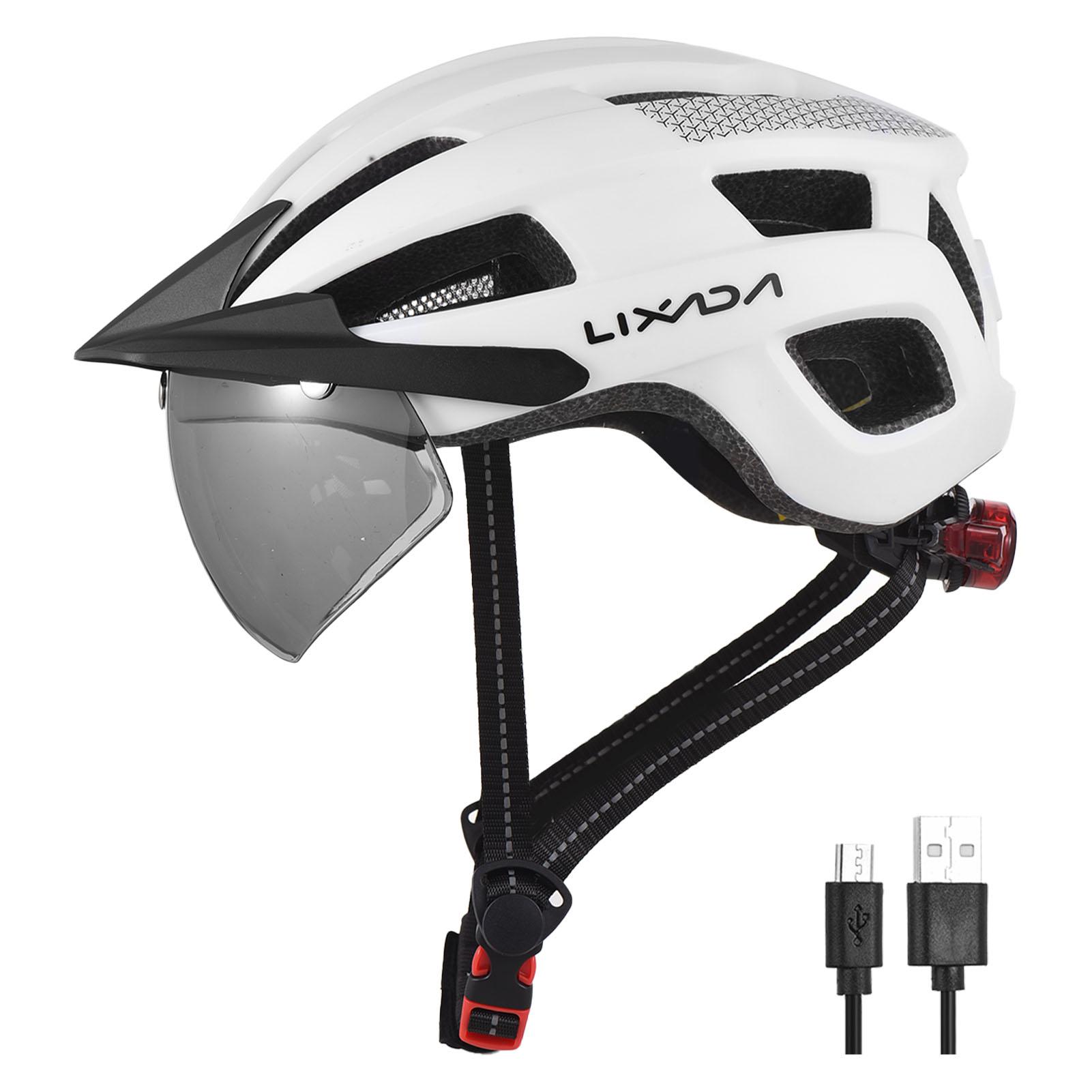 Fahrradhelm mit Windschutzscheibe und Sonnenblende, wiederaufladbares Rücklicht, verstellbarer Fahrradhelm für weiß