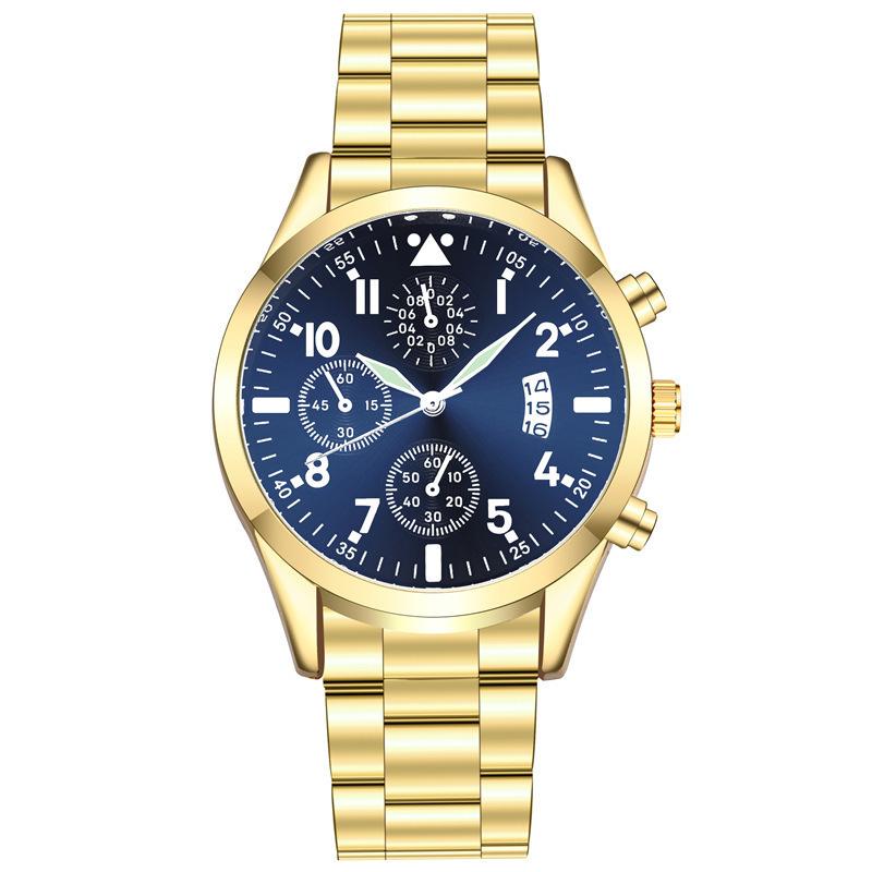 Luxus-Mode-Herrenuhren, goldene Edelstahl-Quarz-Armbanduhr, Herren-Business-Uhr, männliche Kalenderuhr blau/goldgelb